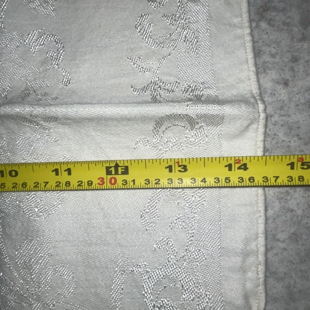Vintage Rectangle Cream Linen Tablecloth & 6 Napkins Embroidered Scroll Design